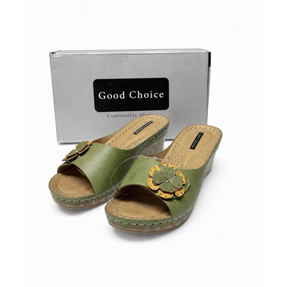 Good Choice Women's Naples Flower Wedge Sandals Size 8.5 Green Tan